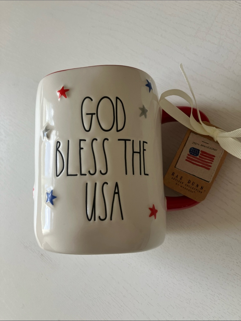 Rae Dunn “God Bless The USA” -White Patriotic Mug with Red/Blue/Grey Stars (NWT)